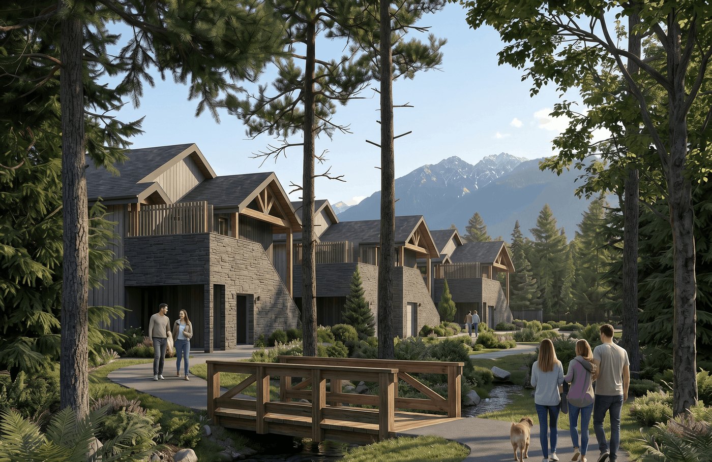 Families walking a path through a wooded neighbourhood of new multiplex homes with mountains behind