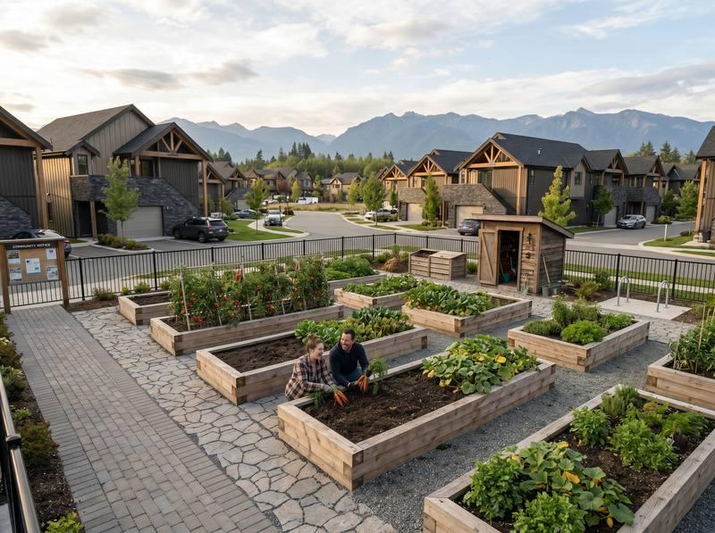 Residents tending raised beds in a community garden surrounded by new multiplex homes