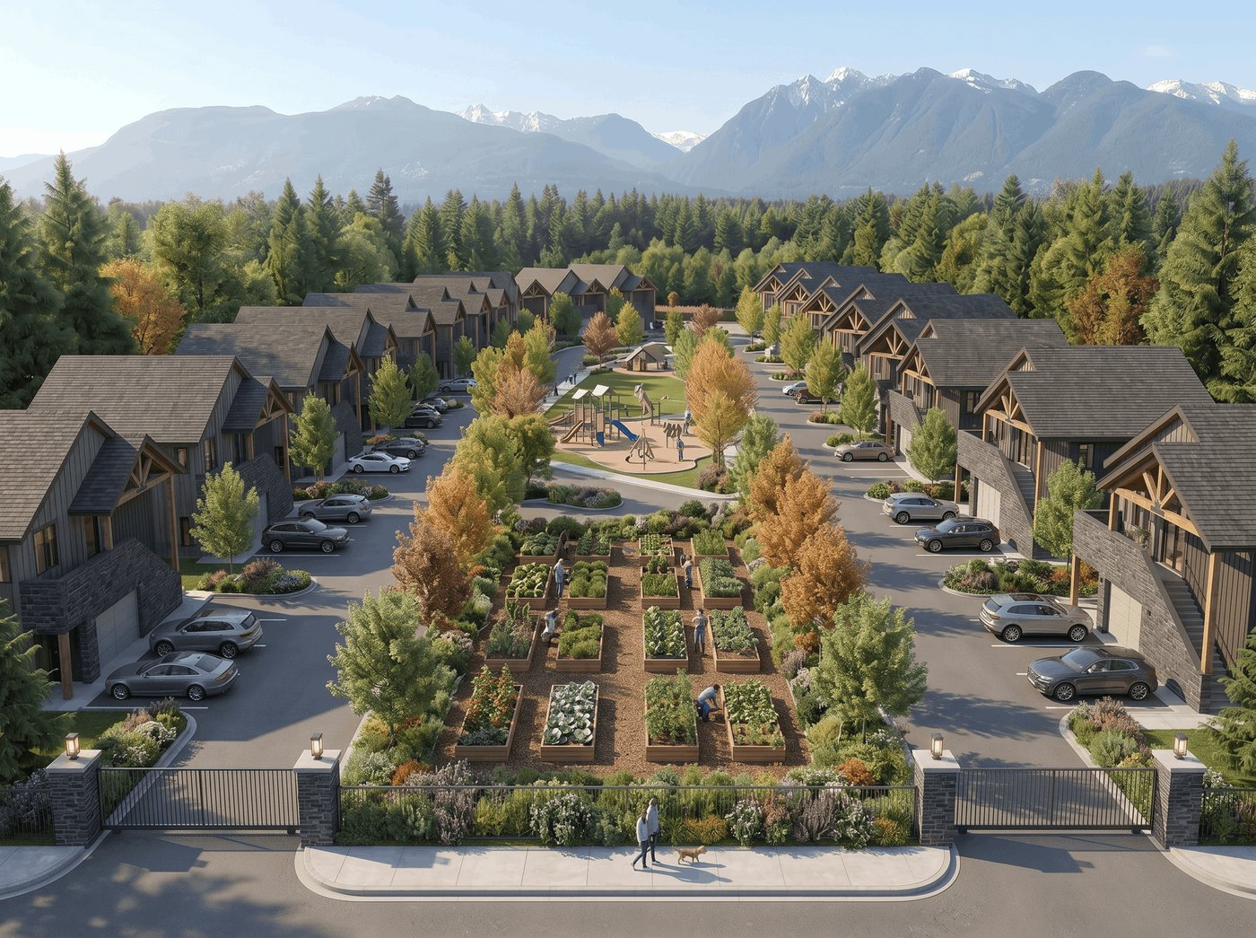 Aerial view of a multiplex neighbourhood with a shared community garden, playground and mountains behind